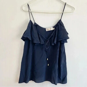 Zimmermann 100% Silk Navy Blue Ruffle Hem Tank Top Sleeveless Tie String Gold 2